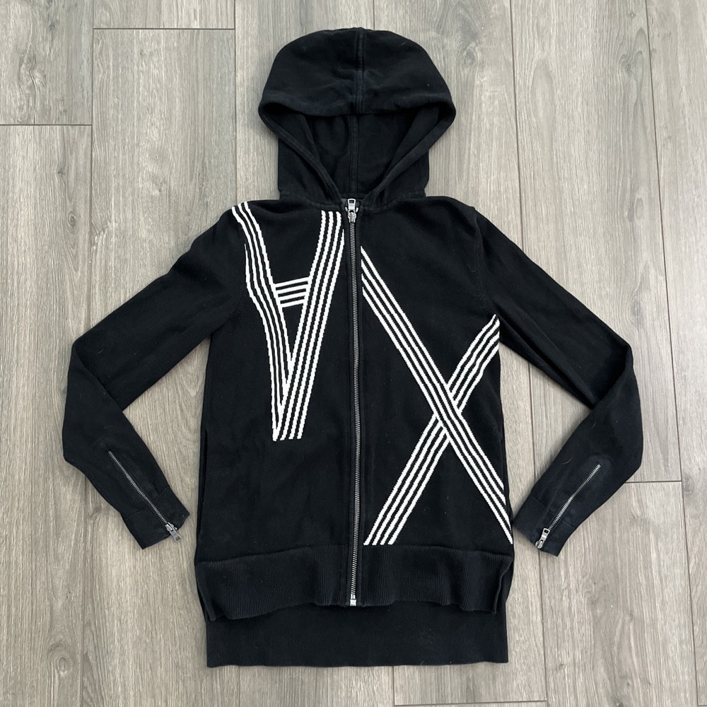 Armani Exchange Full Zip Long Sleeve Hoodie Jacet Womens XXS Black/White Cotto